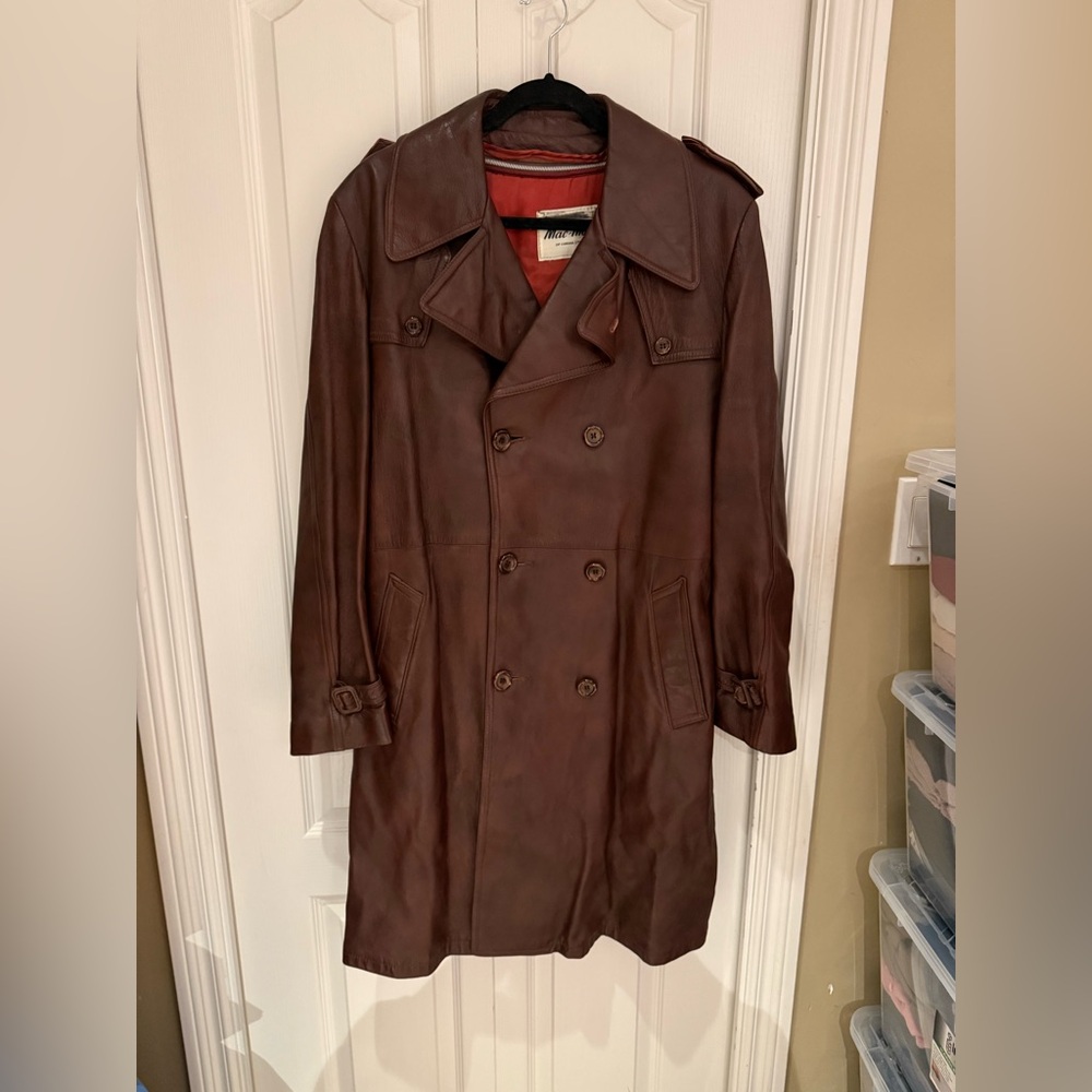 Vintage Brown Leather Trench Coat - Classic Double-Breasted